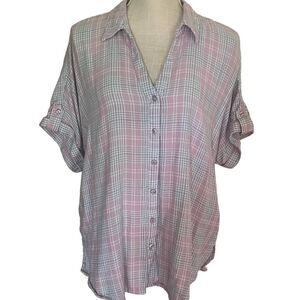 Large Pink & Gray Checkerboard Button Down V Neck Cuff Sleeve Top Gloria Van